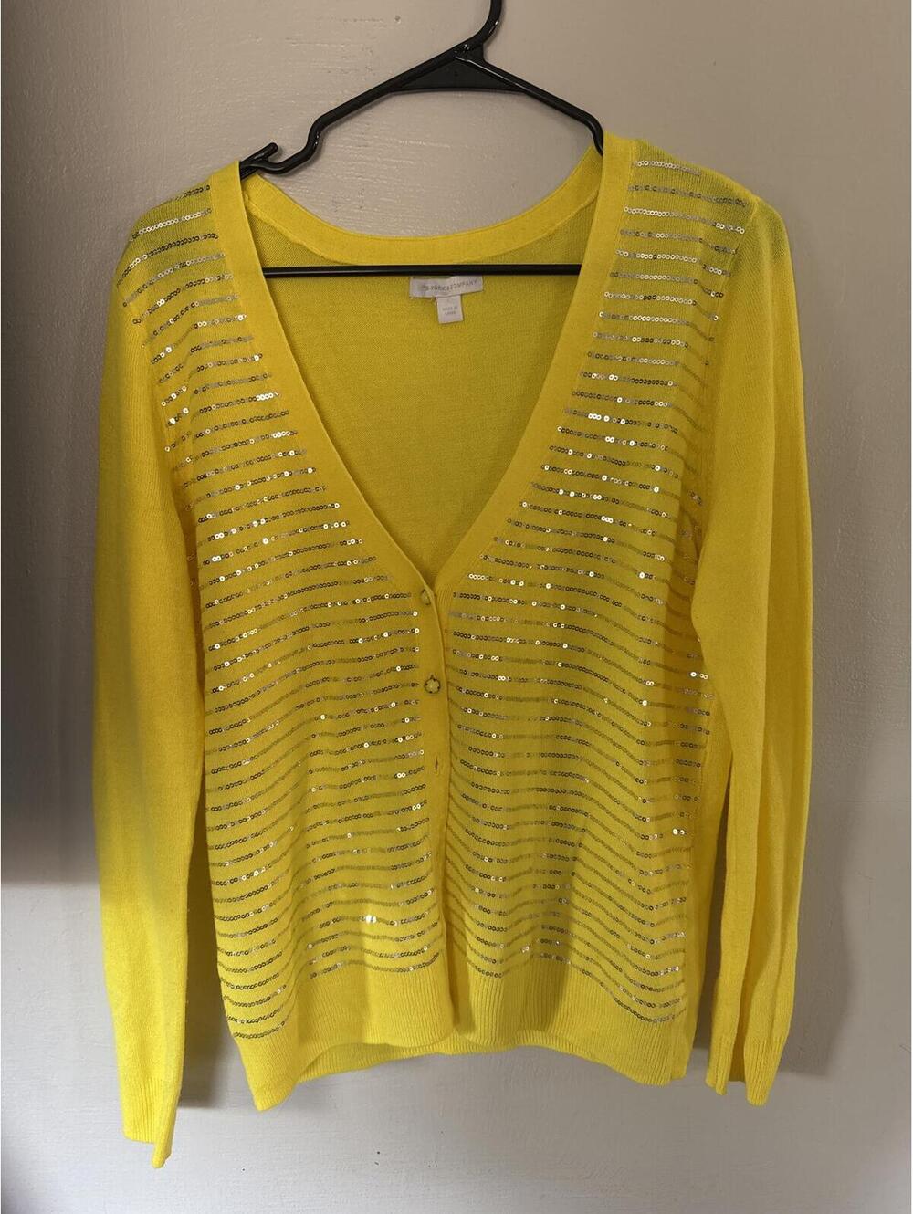 New York & Company Yellow Sequin Cardigan Sweater Womens Large Y2K